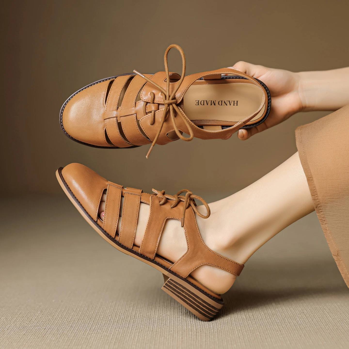 

Sandals Women Genuine Leather Lace Up Gladiator Low Heel Single Strap Perforated Vintage Handmade Shoes