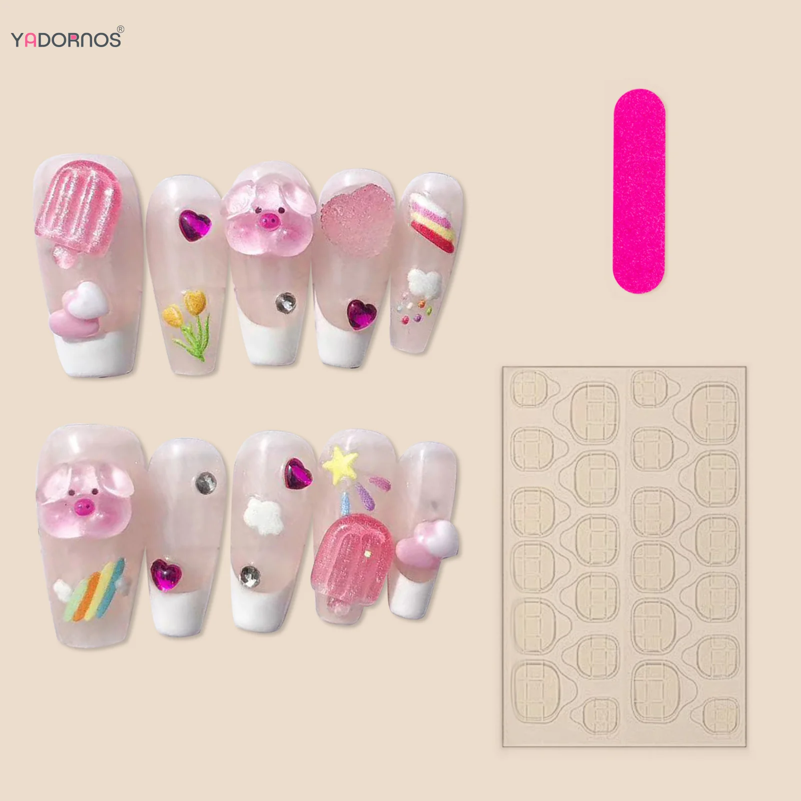10Pcs Cute Handmade Press on Nails White French Style Fake Nails 3D Ice Cream Animal Designs Nude Color Wearable Manicure