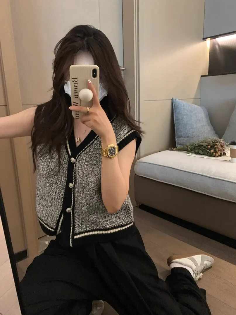 المرأة ربيع الخريف شيك غزل محبوك سترة أزرار معدنية التباين تقليم خمر أكمام تنوعا طبقات سترة سترة علوية