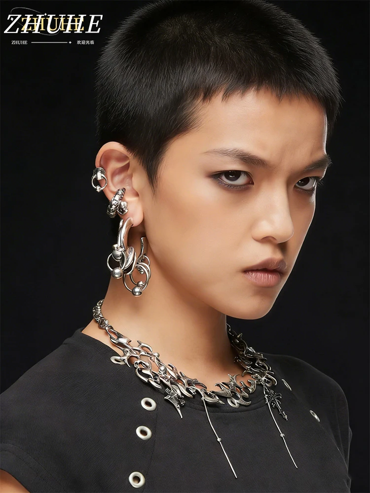 

Stylish Copper Jewelry Accessories: Unisex Statement Earrings for Men and Women, Bold Curved & Beaded Metal Design, Fashionable