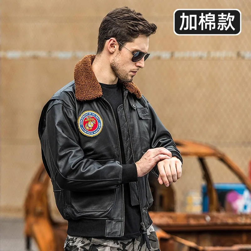 2024 New Men\'s Genuine Leather Air Force G1 Flight Jacket Fashion Velcro Fur Collar Jackets USA Size Sheepskin Winter Coats