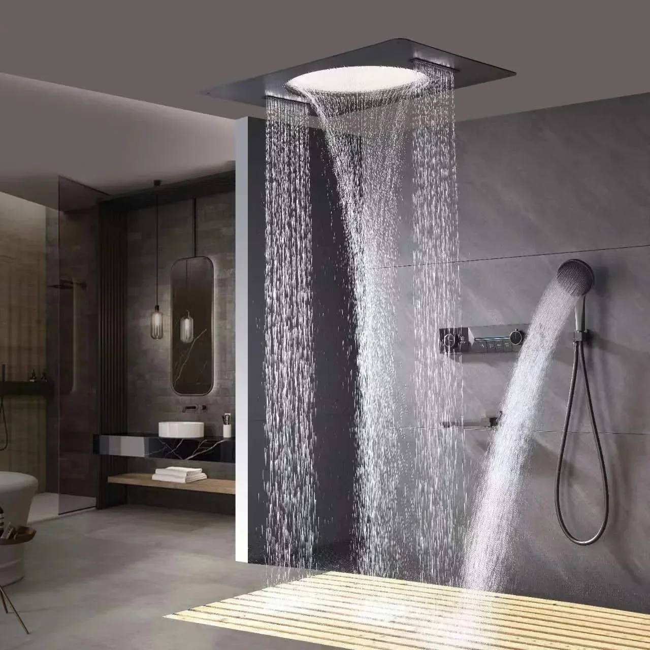 Concealed Ceiling Thermostatic Display LED Rain Shower System Set Black Bathroom Shower Faucets Set with 600x800mm Shower  Head