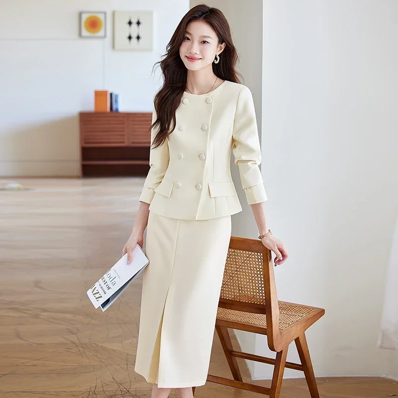 Elegant Suit and Skirt Set: Women\'s 2024 Autumn New Fashion Korean-style Sweet Round Neck Coat Trend Female Lady Two-piece Set