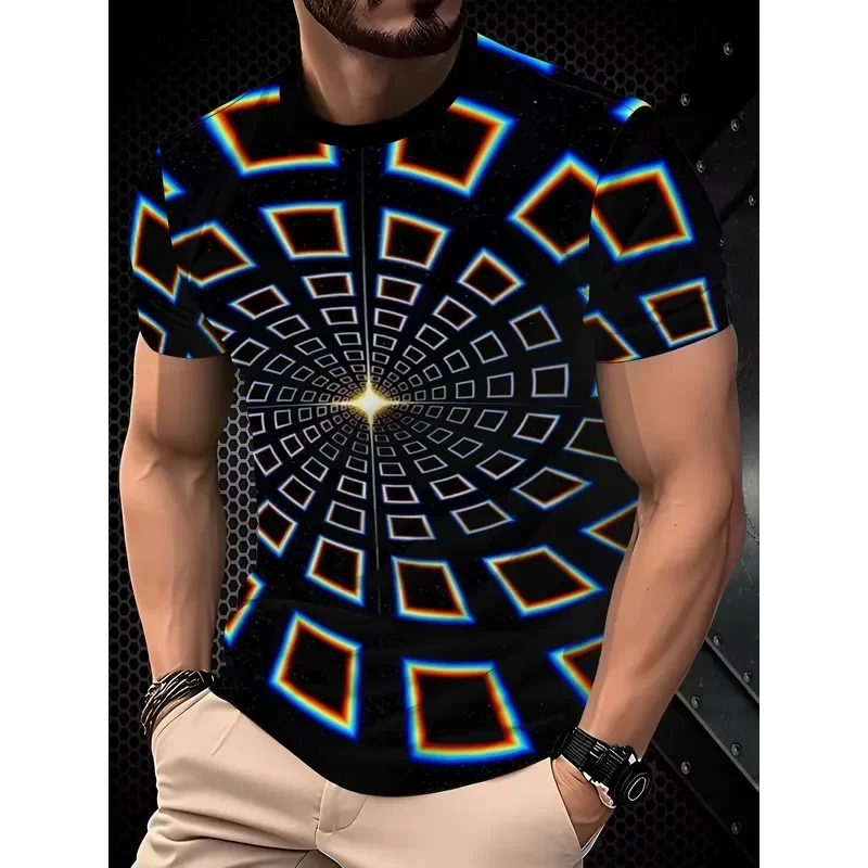 3D Print Men's Vortex Square Optical Illusion T Shirt 2026 O Neck Short Sleeve Casual Streetwear Tops Fashion Graphic Tee