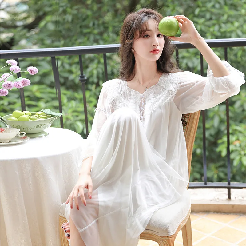 Women's Mesh Nightdress Long Sleeve Spring Lace Ladies Nightgown Solid Square Collar French Style Fairy Sleepwear Nightgowns