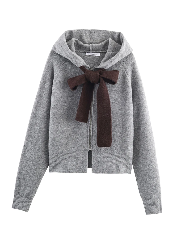 المرأة محبوك سترة 2025 المرأة سحاب أكمام طويلة جاكت مزود بغطاء للرأس شارع العليا معاطف قصيرة سيدة الخريف ملابس خارجية جديدة