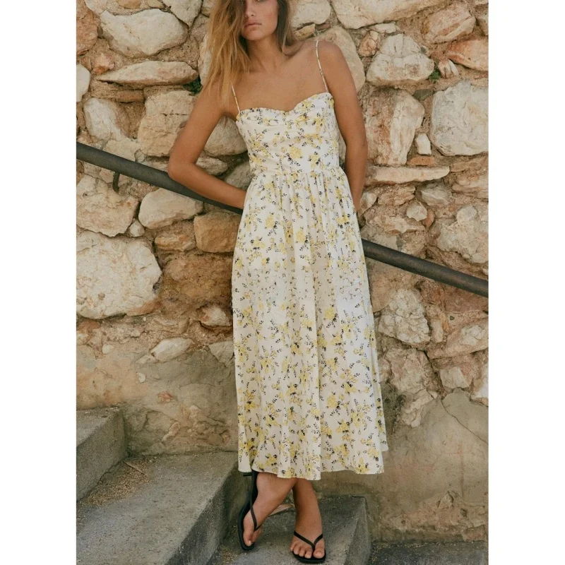 Vestido Midi F Novo de Verão com Decote Coração, Decoração em Camadas, Estampa Floral, Seda Casual, Cintura Alta, Fibr...