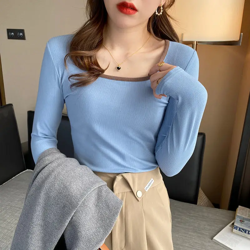 Women Casual Long Sleeve T-Shirts Square Collar Spring Autumn Slim Fit Pullovers T-shirt Female Patchwork Base Tees Tops