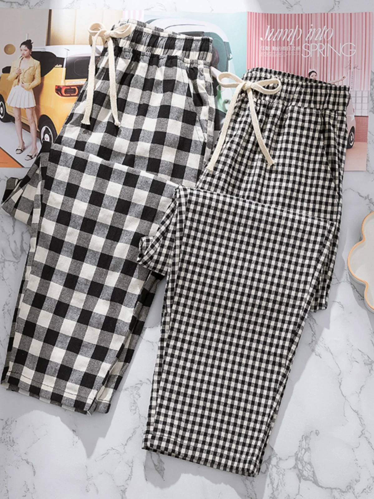 

plus Size Black White Plaid Nine-Tenths Harem Pants Women's Summer New Loose Cabbage Pants High Waist Korean Style Short Sleeve