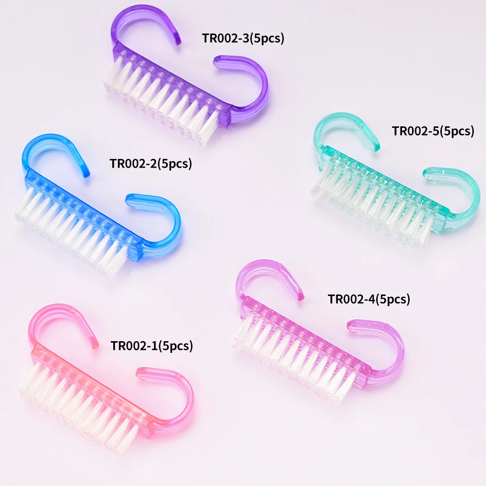 5pcs สีชมพู Bull Horn Shape Handle Grip แปรงเล็บ 6.4*1.4*3.4 ซม.ลบ DustKit ขัดเล็บถู Strip ทําความสะอาดเล็บเครื่องมือ