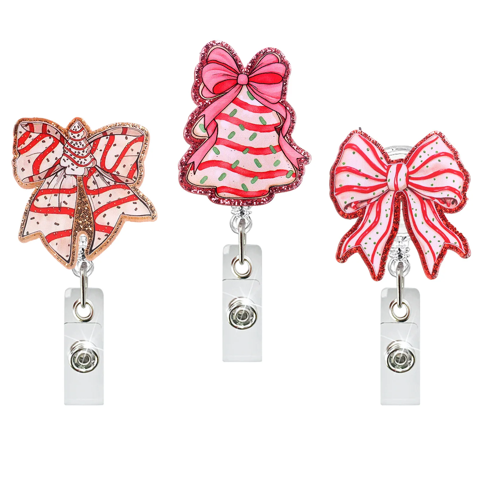 Acrylic Glitter Pink Striped Christmas Bow Tree Retractable Badge Reel Name Tag Alligator Clip Medical ID Badge Holder Christmas