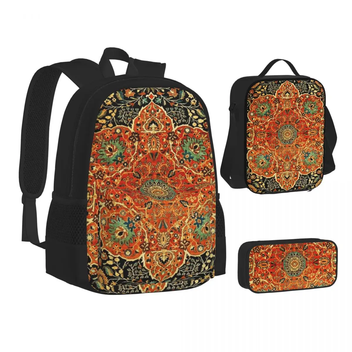 Antique Persian Mohtashem Kashan Backpacks Boys Girls Bookbag School Bags Children Rucksack Lunch Bag Pen Bag Three-Piece Set