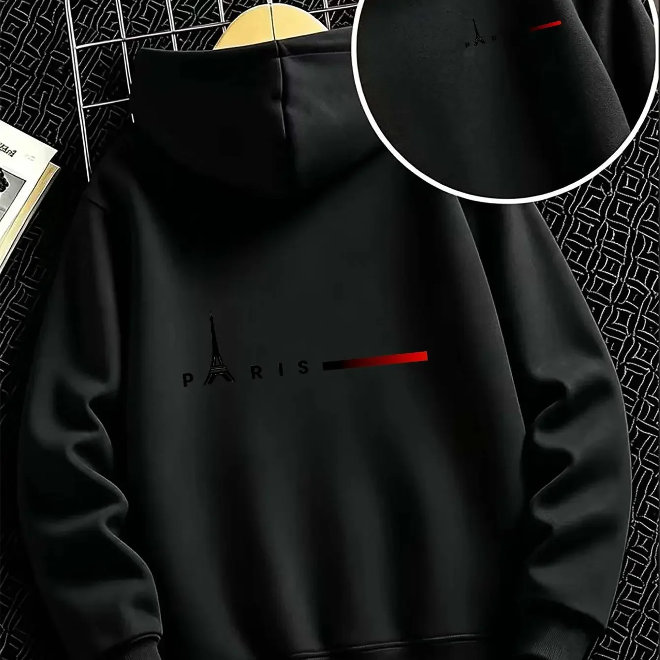 Hooded Sweatshirt, a Loose-fitting Casual Jacket for and Featuring an Eiffel Tower Silhouette and Monogram Print on the Chest