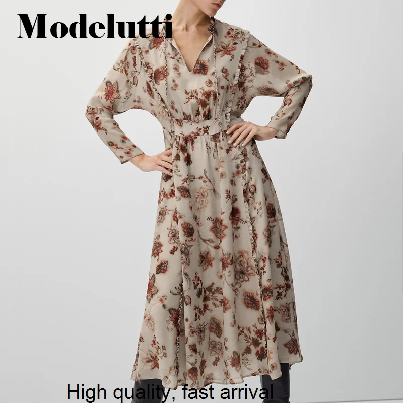 Nieuwe Lente 2023 Herfst Mode V-hals Schimmel Trekken Terug Lange Mouwen Romantische Print Jurk Eenvoudige Casual Elegante Vrouwen