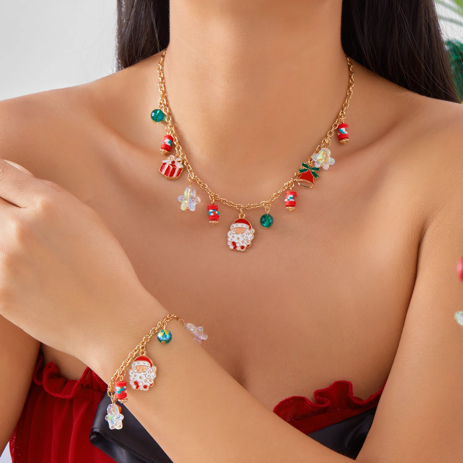 Einfache Weihnachts-Mehrelement-Anhänger-Halskette und Armband für Frauen, Handgefertigtes Schneemann-Glocken-Kettenarmband, Charms, Neujahrs-Schmuck – Detail 2