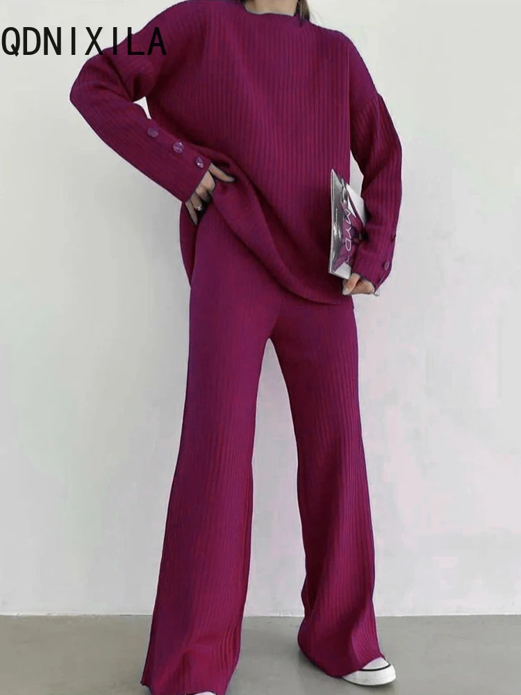 

Two Piece Set for Women Casual Side Buttons Knitwear Sweater Wide Leg Pant Sets Purple Long Sleeve Top Women's New Two Piece