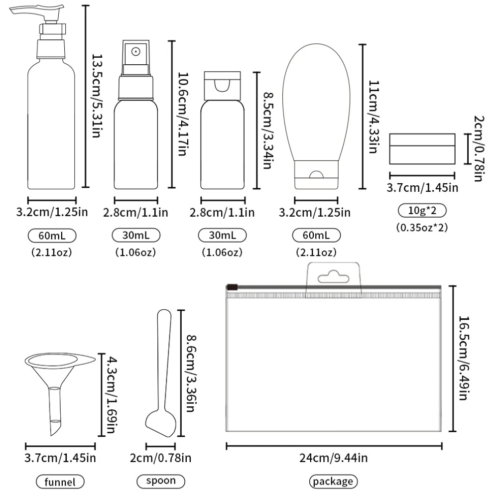 11Pcs Travel Refillable Bottle Set Lotion Shampoo Liquid Cream Cosmetic Containers Portable Spray Bottles Empty Squeeze Tube