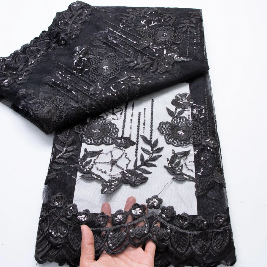 Black African Tulle Lace Fabric 2026 High Quality Nigerian Luxury Sequins Mesh Lace Fabric 5 Yard Wedding Dress for Women Sewing