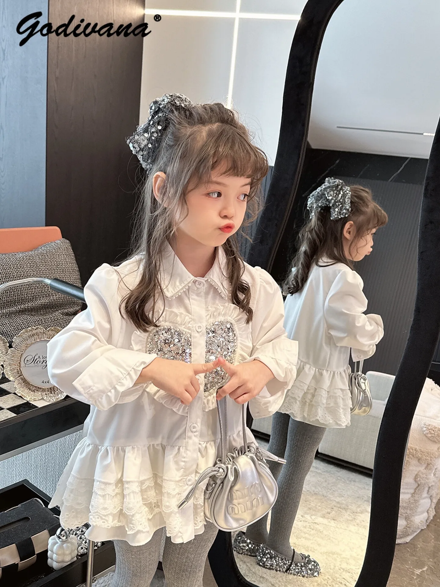 Sweet little girls equin heart blouses childrens cute doll collar ruffle hem top 2026 spring korean casual long sleeves shirts