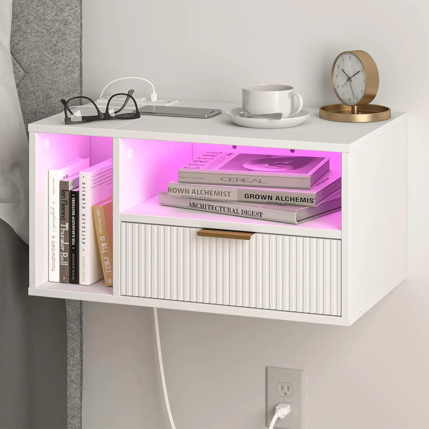 

White Floating Nightstand with Charging Station and LED Lights,White