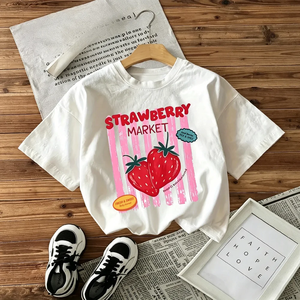 New Children's Loose T-shirt Comfortable Soft Skin Friendly Simple Fashionable Versatile Strawberry Printed Top