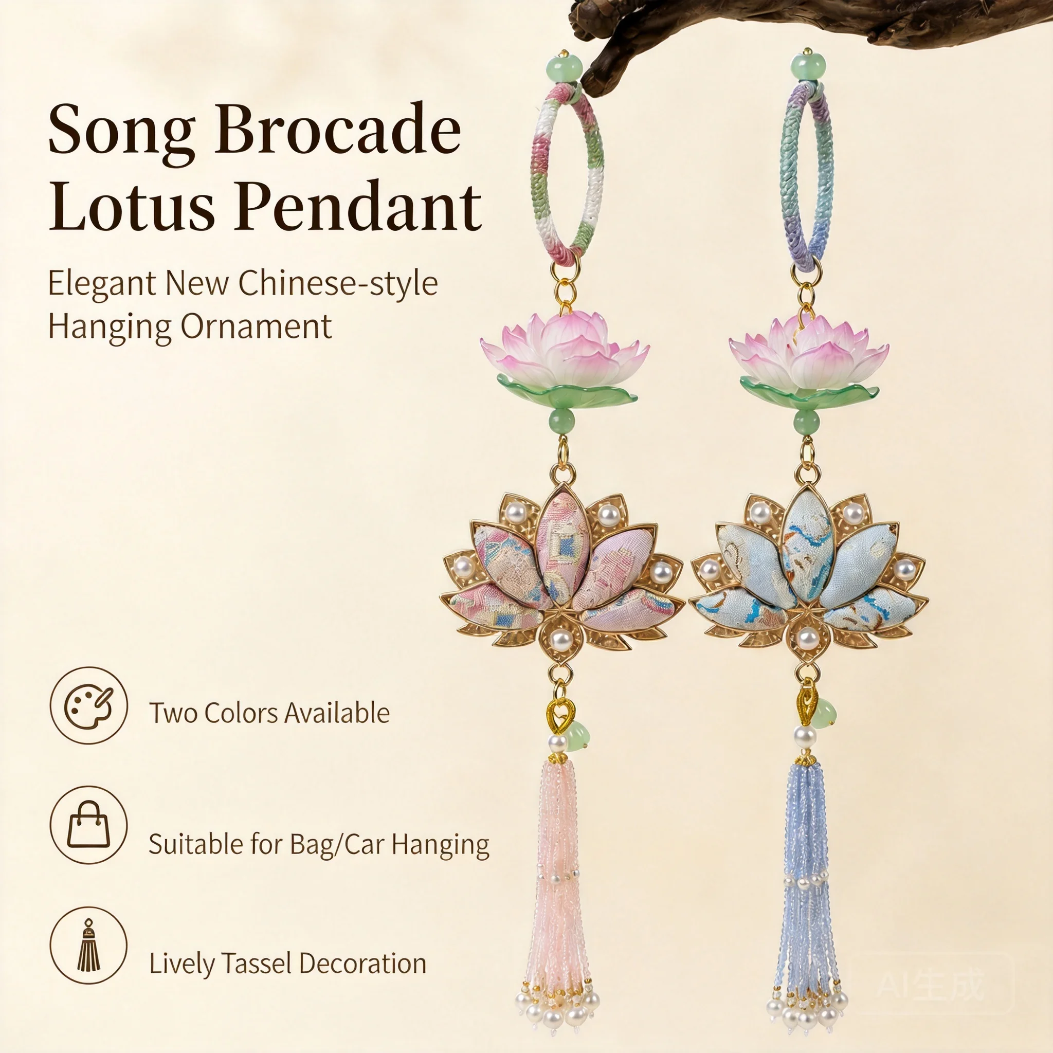 

Chinese Style Auspicious Lotus Song Brocade Hanging Ornament Good Luck Blessing Tassel Car Pendant Bag Charm Handmade Hanfu Acce