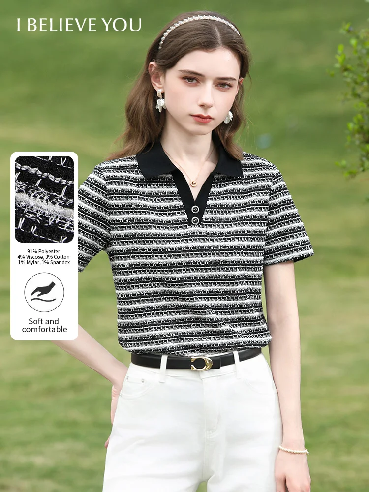 I BELIEVE YOU Black White Striped Polo T-Shirt for Women Spring Contrast Collar V-neck Tees Short Sleeve Casual Top 2261006319