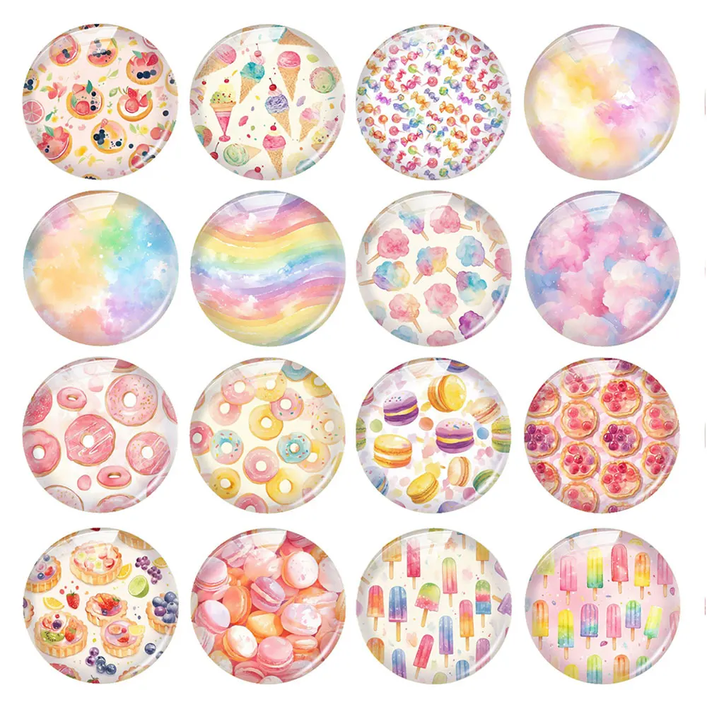 Random Mixed Round/Oval/Square Dessert Candy Icecream Cake Photo Glass Cabochon Flatback Demo Cameo For Diy Jewelry Making
