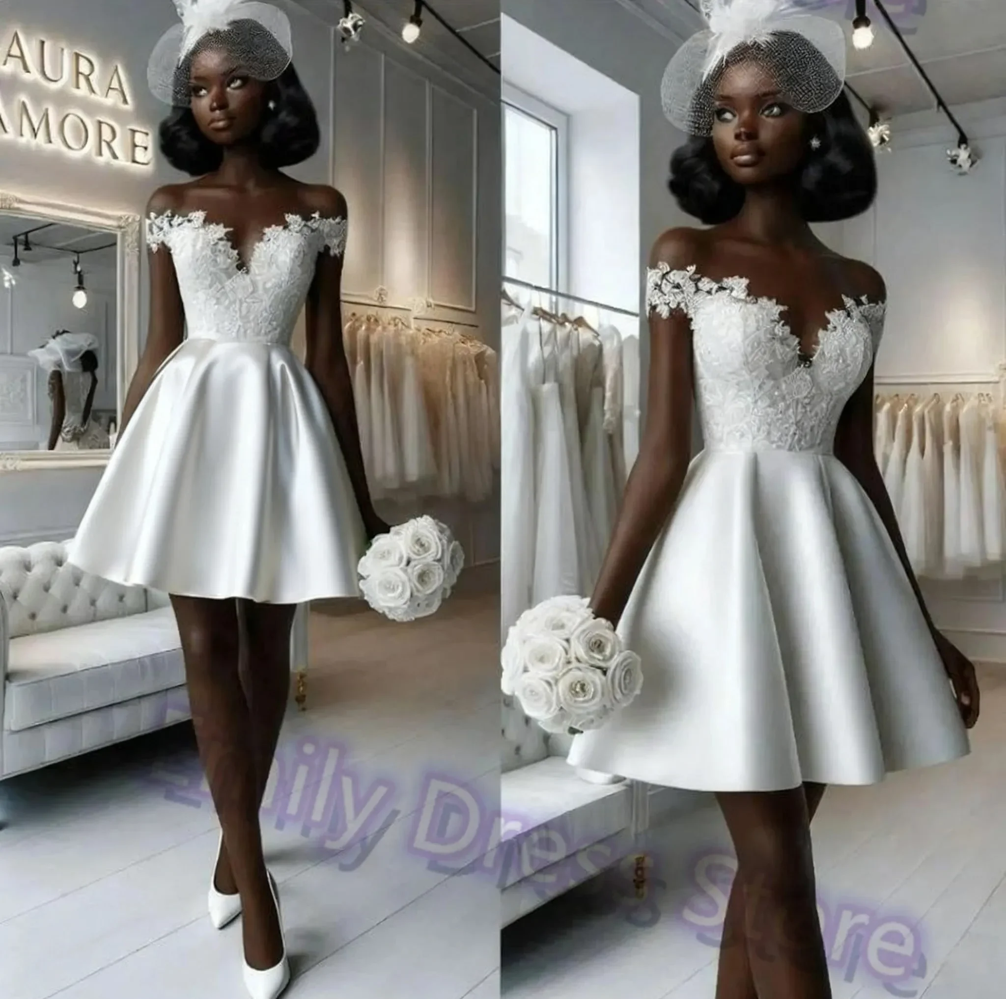 Customized Short African Lace Appliques  Wedding Dress Robes de Mariage  Satin Off The  Shoulder  Bridal Gown