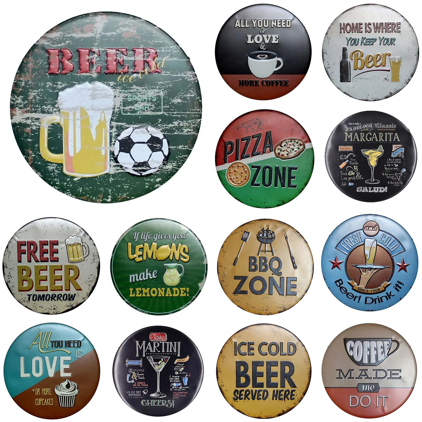 Vintage Retro Beer BBQ Pizza Round Metal Tin Sign Rustic Decor Wall Art Posters Funny Iron Painting For Home Bar Pub Cafe Garage