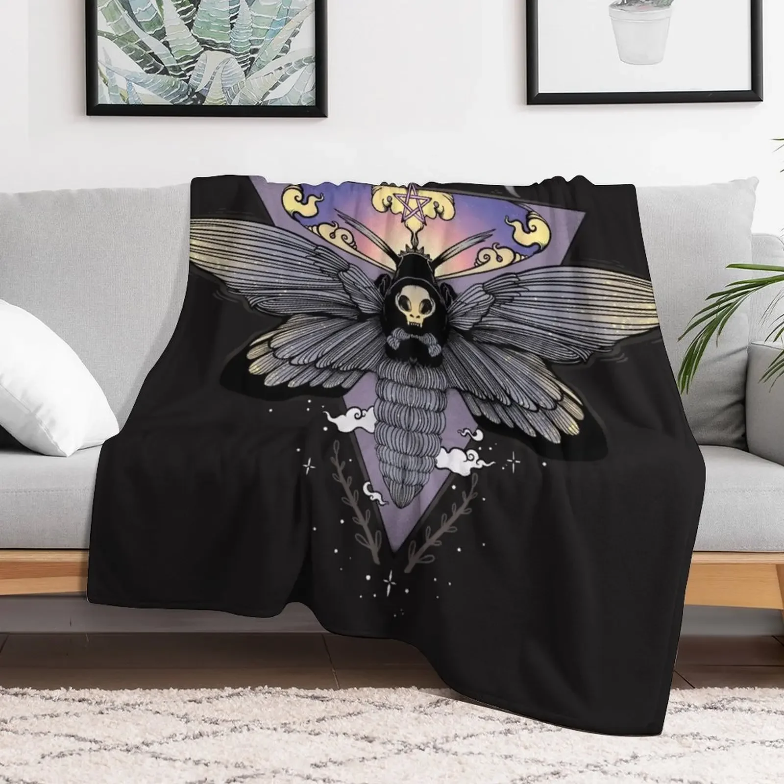 Death Head Moth Gothic Triangle Moon Phase Art Throw Blanket Multi Use Warm Blanket for Living Room Bedroom