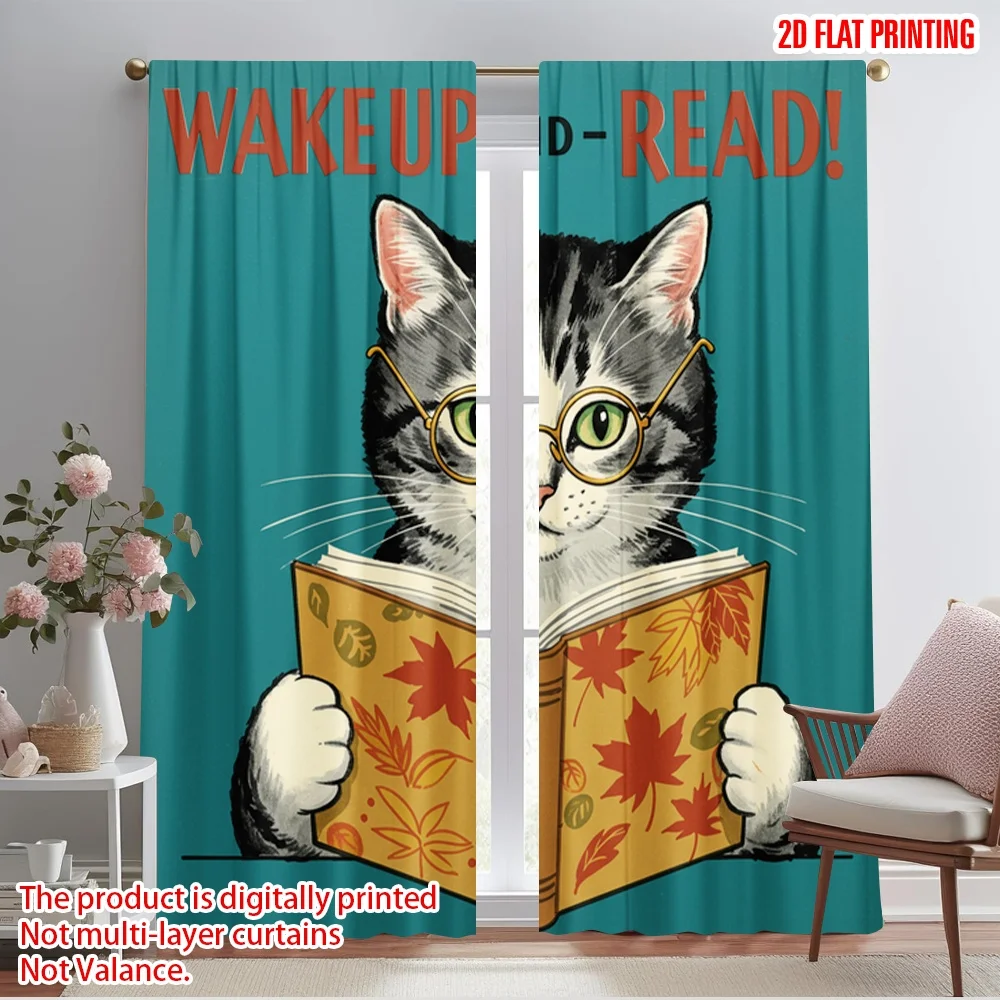 

2pcs 2D flat printing Party Curtains Cat Reading Book National Library Week 100% Polyester Without Electricity Holiday