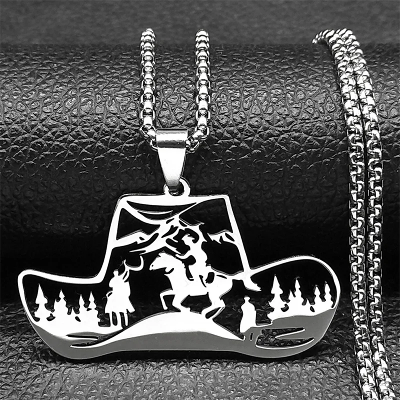 Western Cowboy Hut Baum Halskette Für Frauen Männer Edelstahl Silber Farbe Hohl Pferd Tier Männliche Kette Schmuck Geschenke – Detail 4