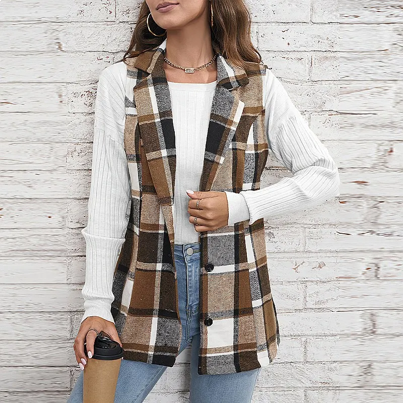 Womens Vest Waistcoat Spring Summer Plaid Sleeveless Cardigan Blazer Jackets