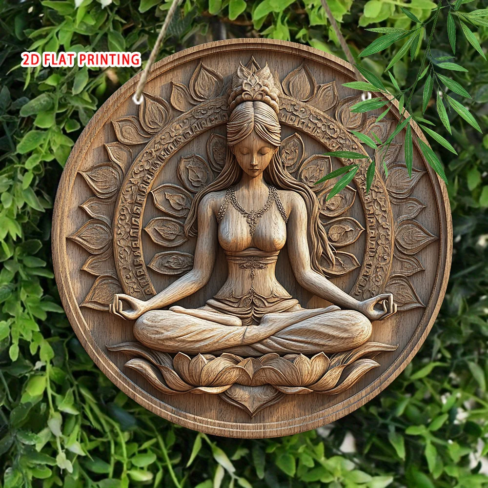 2D-flaches 1-teiliges Lotus- und Harmonie-Thema, kreisförmiges Holzlogo – hängende kleine Statuendekoration im klassischen Stil, künstlerische Dekoration