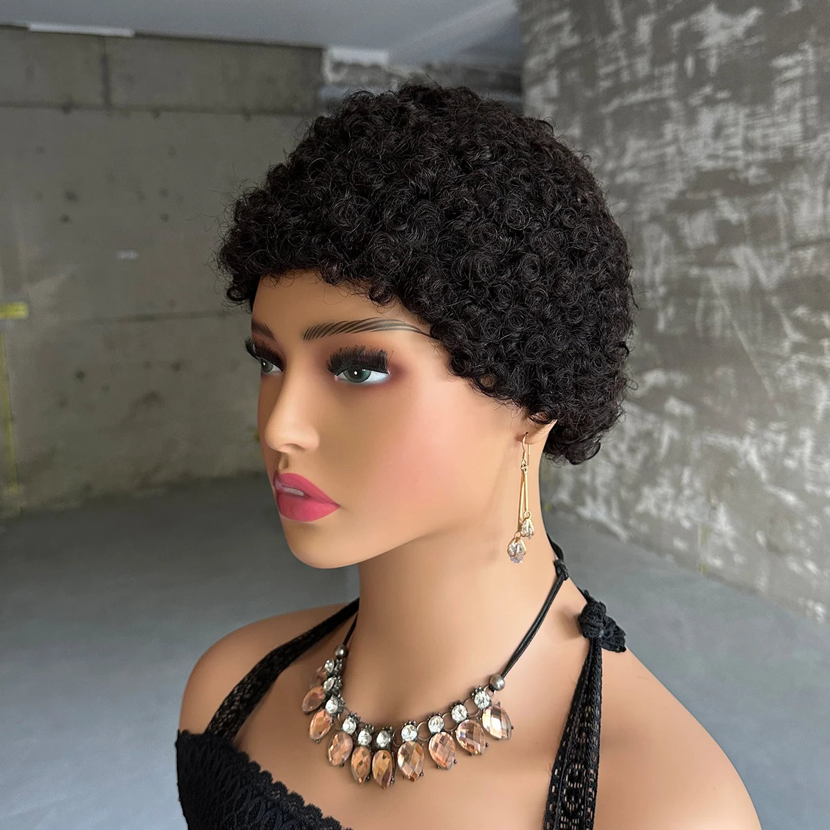 Natural Black Kinky Curly Pixie Cut Wig Human Hair Short Cut Full Machine Made Humain Hair Wig With Bangs