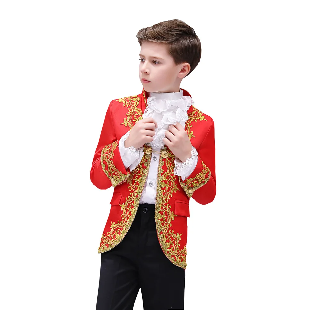 Costume de théâtre de cour de style européen pour garçons, ensemble de performance de prince de scène, tenue de broderie de roi royal pour enfants, fleur d'or