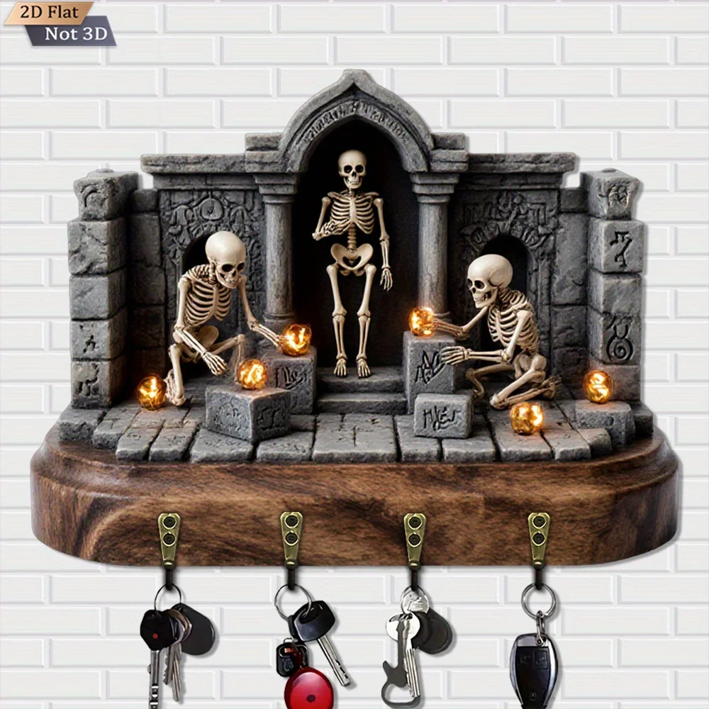 Gothic Skeleton Wall Key Holder - Wood & Metal Hooks, Macabre with Mummy-like & Dancing Skeletons, Tibetan Script-Like Rune