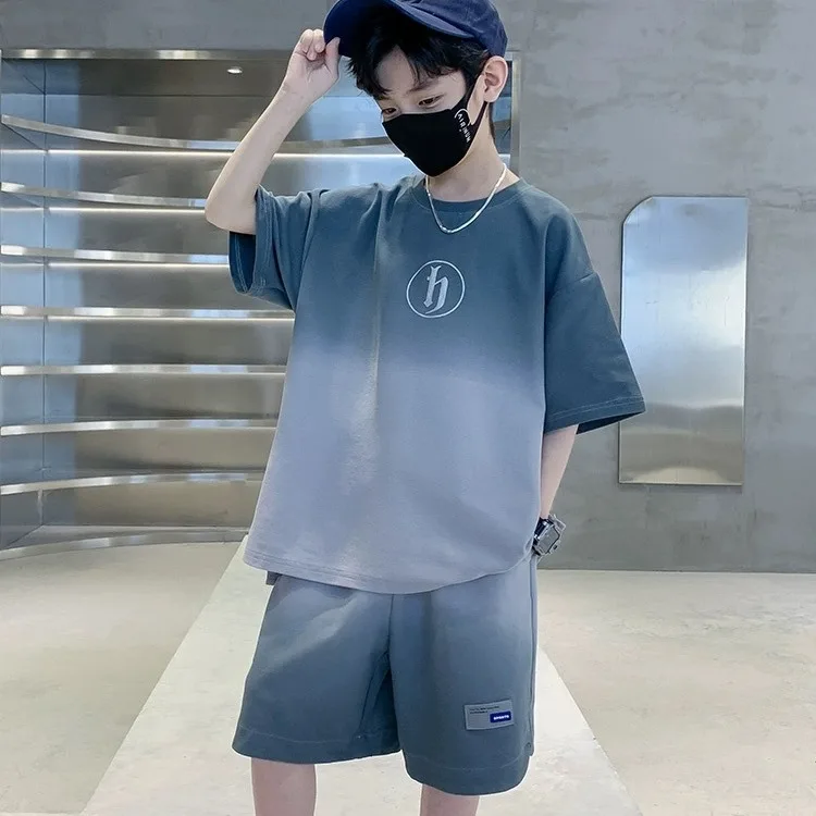 Children Clothes Summer Sports Short-sleeved Suit Boys Summer New Kids Boys Clothes Gradient T-shirt+shorts Two-piece Sportswear