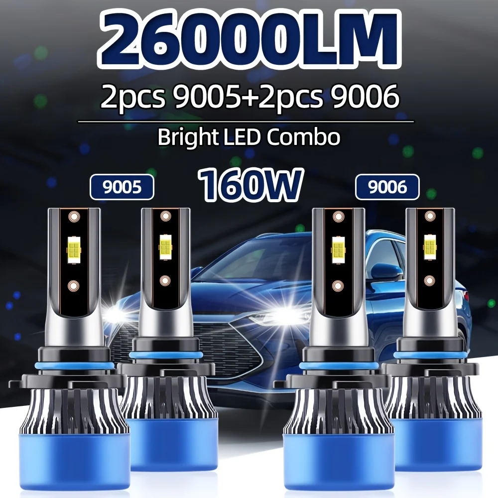 roadsun 4pcs 9005/HB3 9006/HB4 High Low Beam Car Headlight Combo 26000LM 6500K White CSP Chip 400% Brightness 70000hrs Lifespan