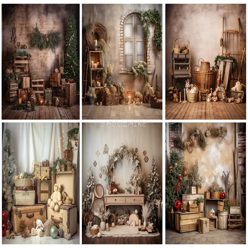 

Vintage Christmas Day Photography Backdrops Prop Fireplace Winter Xmas Tree Decoration Flower Garland Wood Door Background JL-06