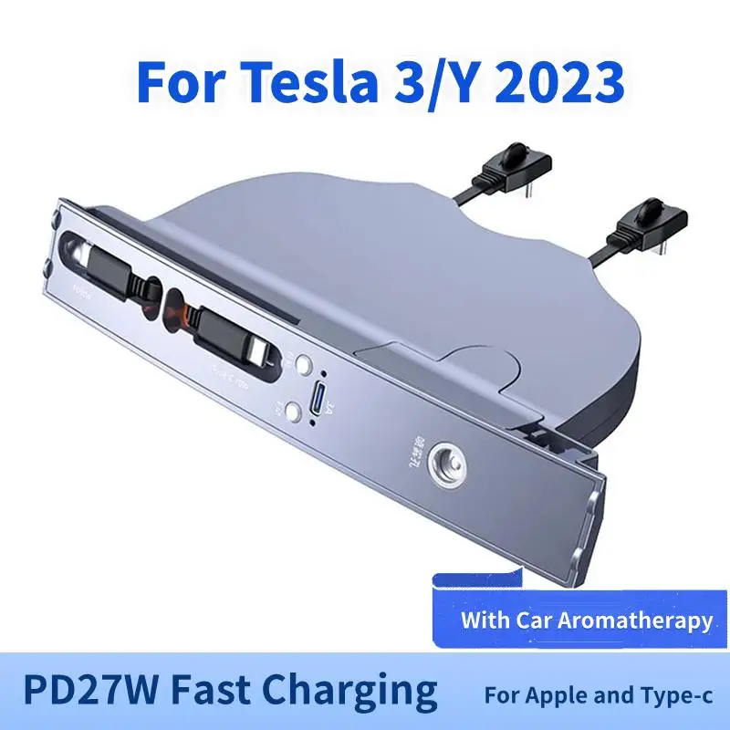 PD 27W Docking Station Smart Car Aromatherapy For Tesla Model 3 Y 2023 Quick Charger Type C Shunt Hub Extension Center Console