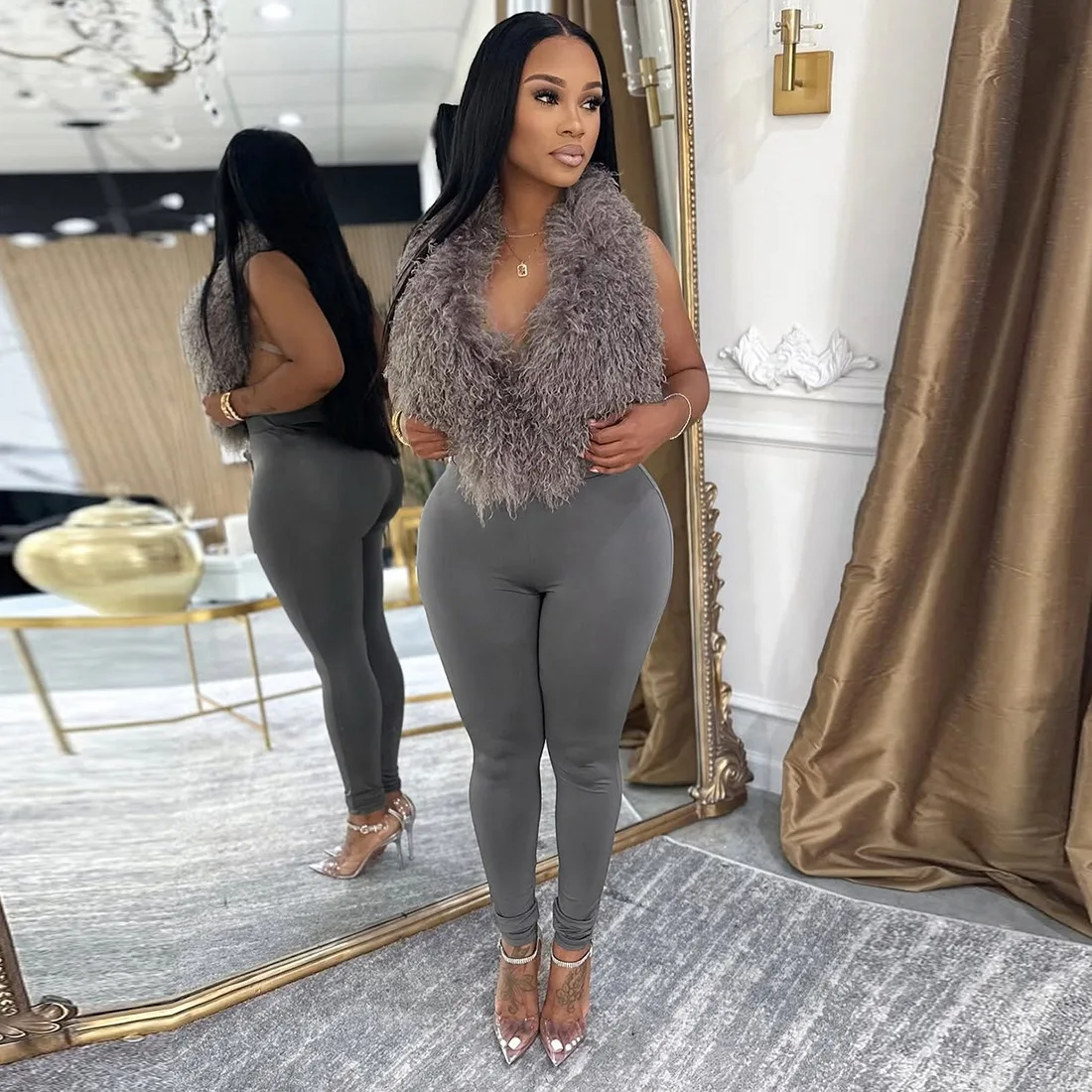 مثير الفراء سترة القمم 2 قطعة مجموعة بناطيل رجالي وتتسابق Y2K الشارع الشهير ملابس الشتاء الخريف المرأة موضة أنيقة نادي حفلة قطعتين مجموعات