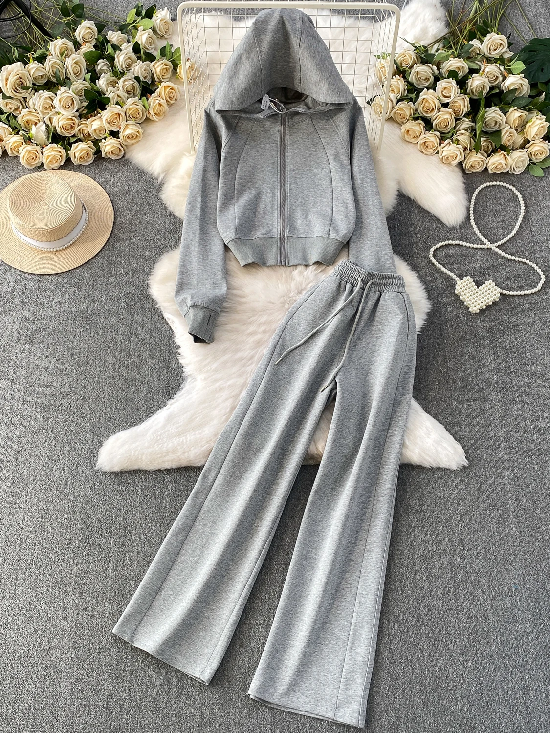 

Faionable Women's Autumn Winter Korean Sle Casual Hooded Zipper Jaet High Waist Slimming Wide Leg Pants Two Piece Set