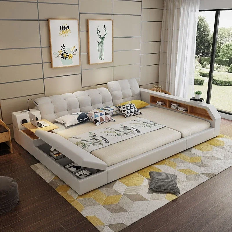 

Tech Smart Bed with Bluetooth Audio and Lamp Genuine Leather Parent-child Multifunctional Upholstered Tatami Bed Ultimate Camas