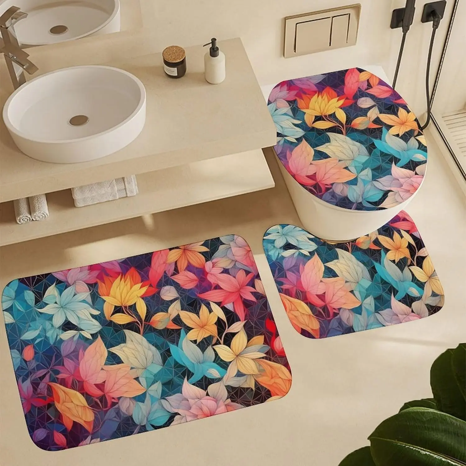 

3-Piece Super Absorbent Bathroom Mat Set Colorful Printed Bathroom Rug, Contour Mat and Toilet Seat Cover, Washable Non-Slip