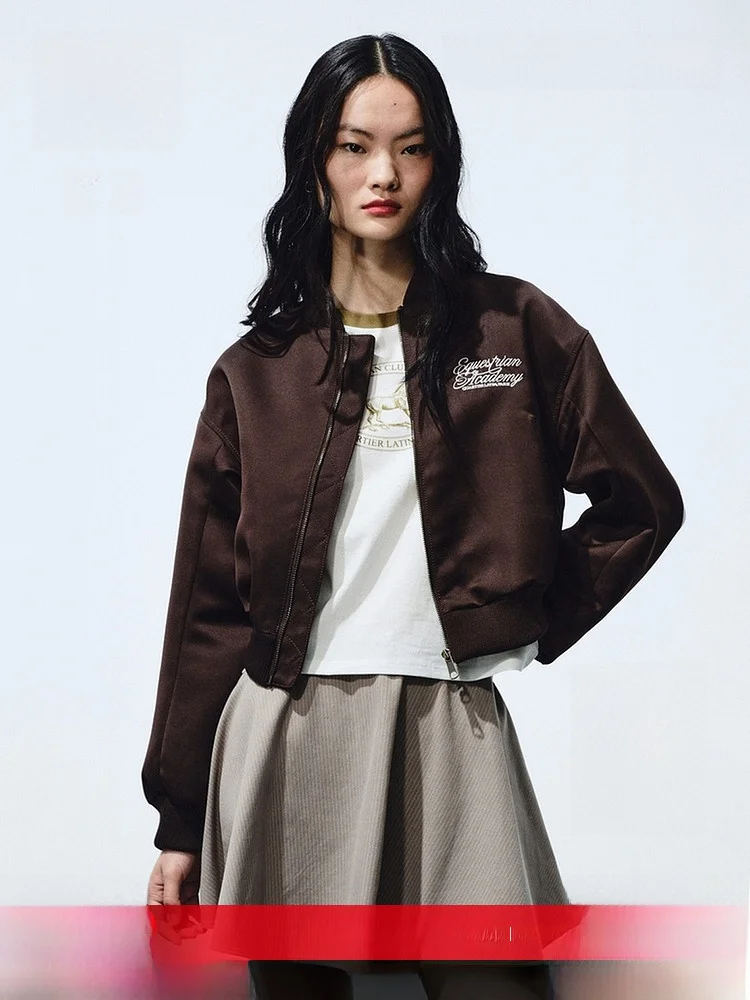 

H&M Women's Short Jacket Embroidered Design Zipper School Style Pilot Coat Polyester Fiber Suitable for All Seasons