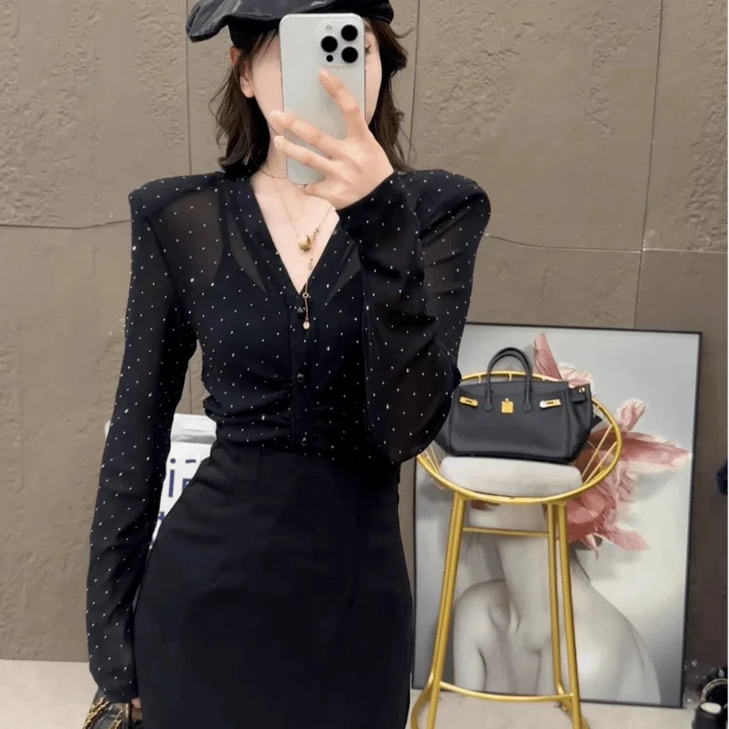 French Sweet and Spicy Mesh Single Breasted Long Sleeved Shirt for Women New Style Queen Style Fashion Top