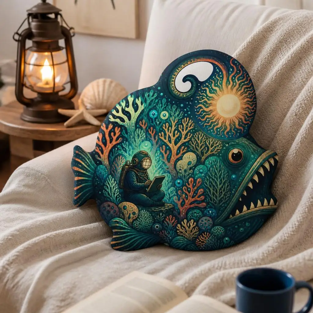 Deep Sea Diver Fish Shaped Throw Pillow Ocean Explorer Cushion Nautical Marine Decor for Sofa Chair Creative Gift Sea Life
