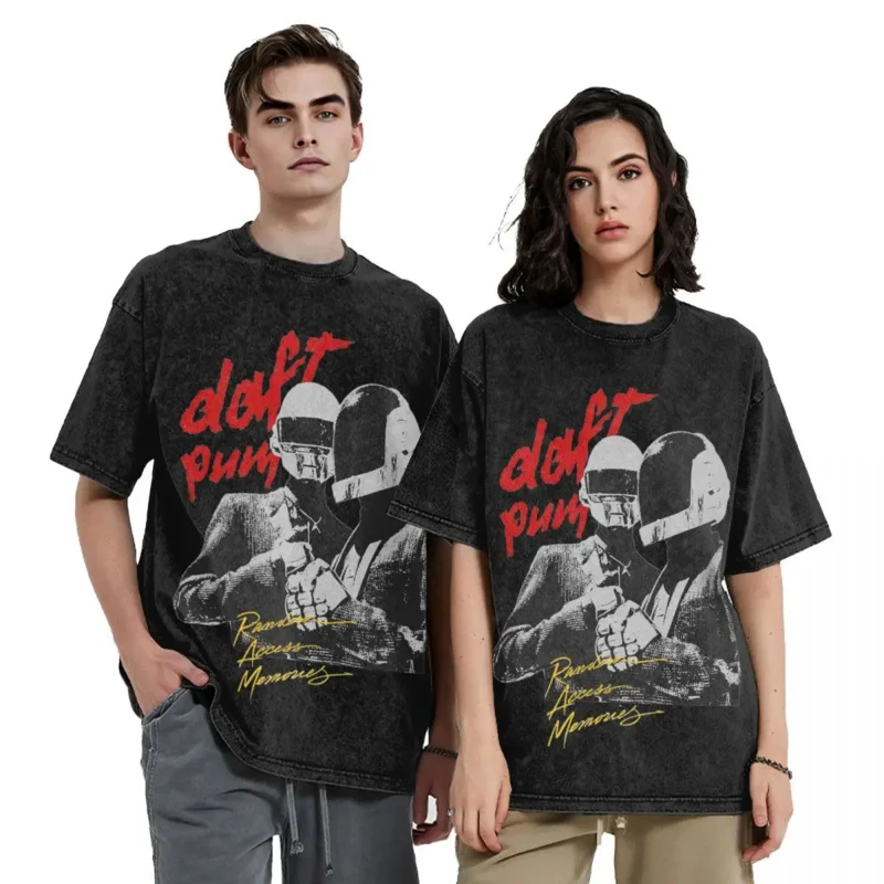 Daft Punk washed T shirts streetwear hip hop vintage T-shirts tees tops men women cotton Harajuku printed